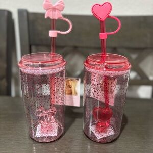 Paris Hilton Pink Glitter Heart & Bow Double-Wall Tumblers with Straws